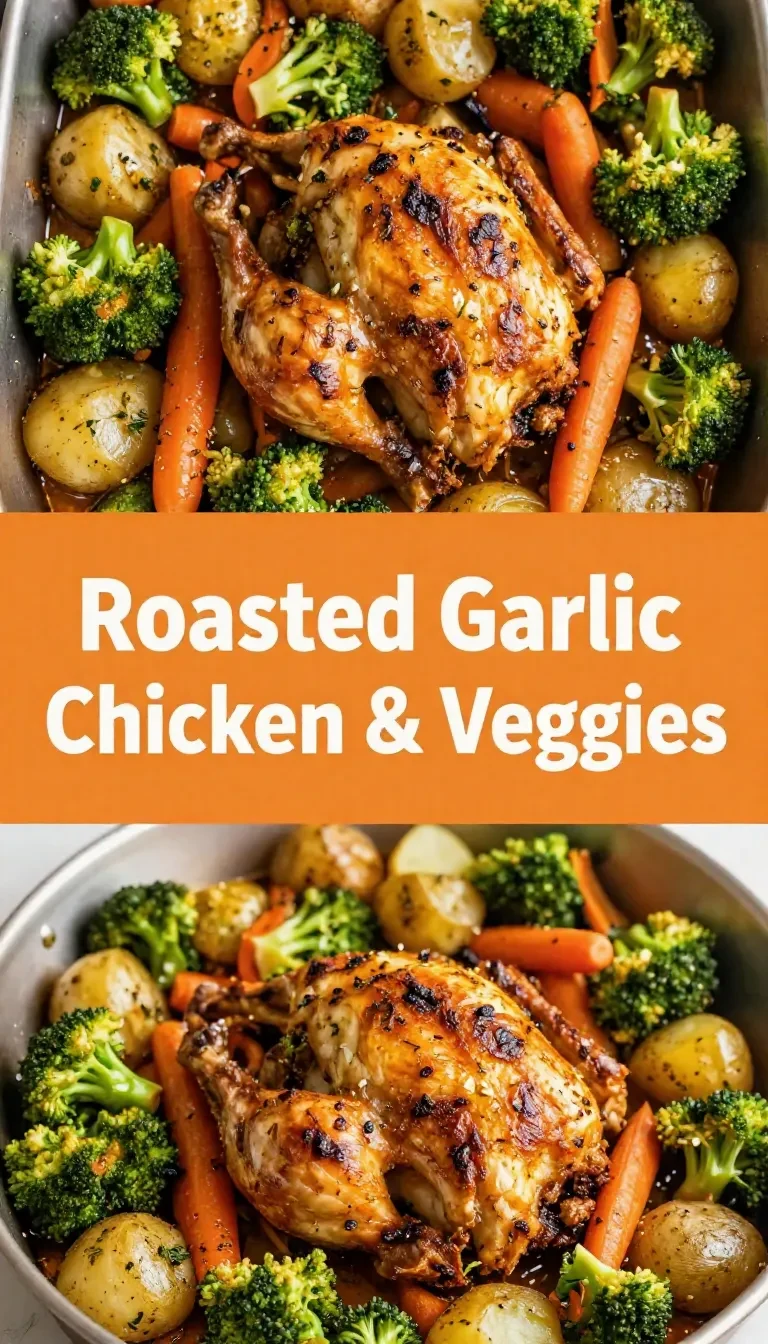 A platter of roasted garlic chicken with browned chicken pieces, carrots, potatoes, and broccoli on a rustic baking tray