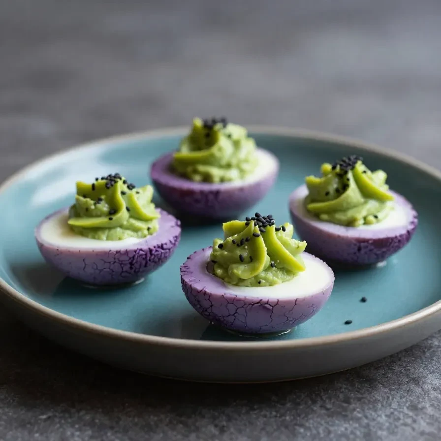 Plate of creepy deviled eggs decorated like spooky Halloween eyeballs with green filling and black olive pupils.