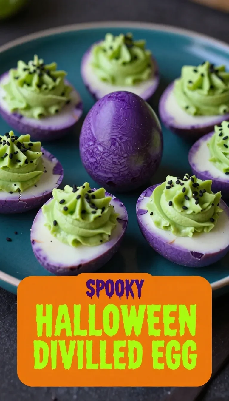 Plate of creepy deviled eggs decorated like spooky Halloween eyeballs with green filling and black olive pupils.