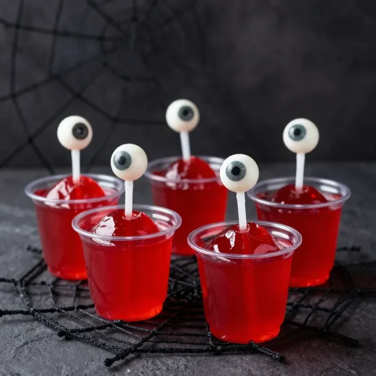 Spooky Halloween eyeball gelatin shots served in clear plastic cups with green gelatin and candy eyeballs
