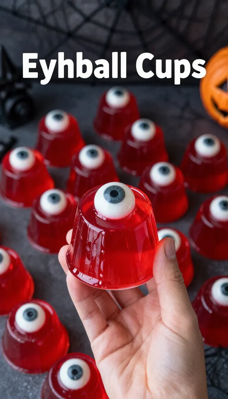 Spooky Halloween eyeball gelatin shots served in clear plastic cups with green gelatin and candy eyeballs