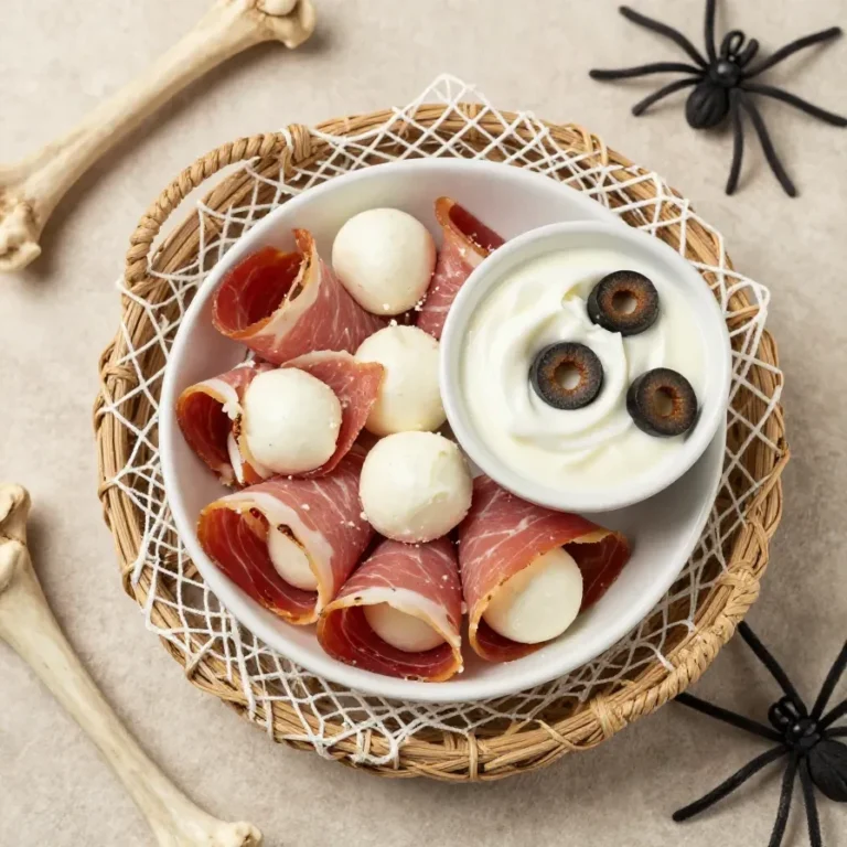 Halloween Mozza Eyes appetizer arranged on a black serving plate with mozzarella balls, olive pupils, and tomato sauce.