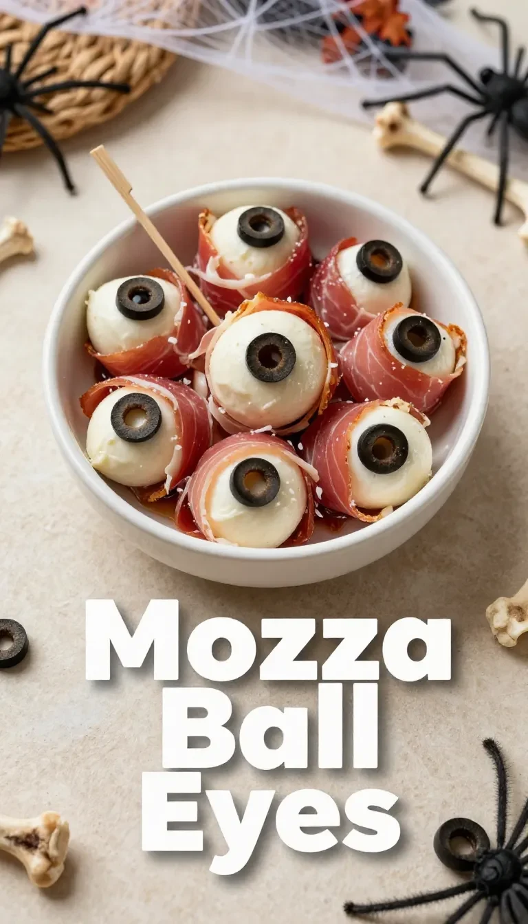 Halloween Mozza Eyes appetizer arranged on a black serving plate with mozzarella balls, olive pupils, and tomato sauce.