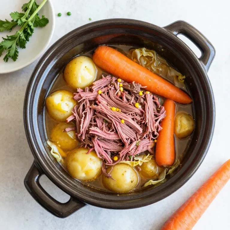 Slow cooker corned beef with cabbage, carrots, and potatoes served on a white plate