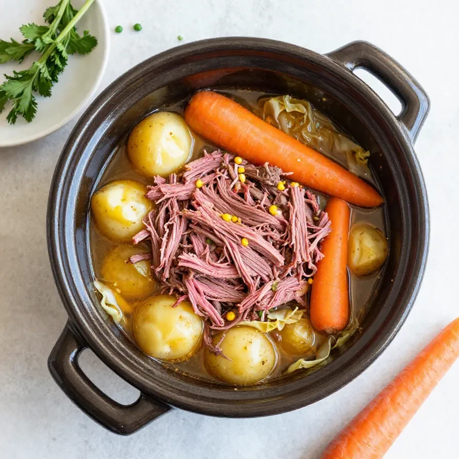 Slow cooker corned beef with cabbage, carrots, and potatoes served on a white plate