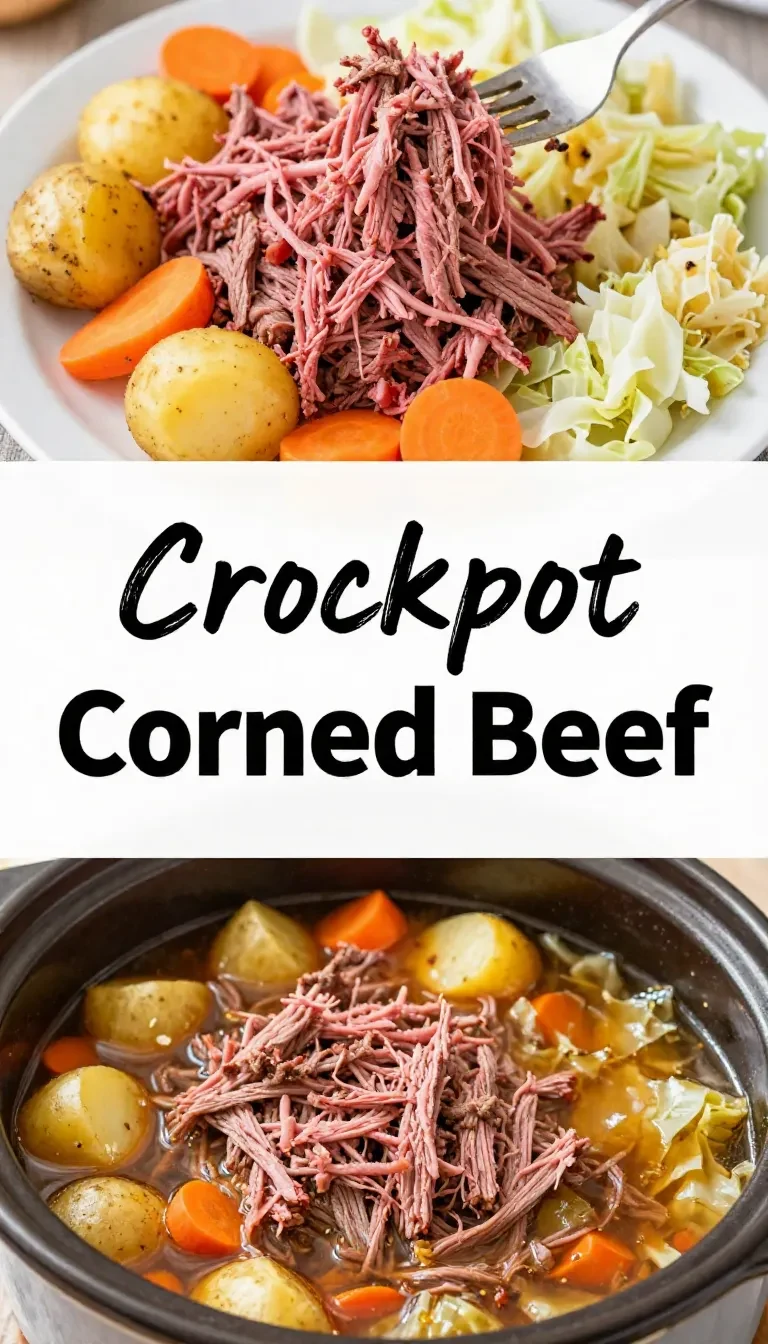 Slow cooker corned beef with cabbage, carrots, and potatoes served on a white plate