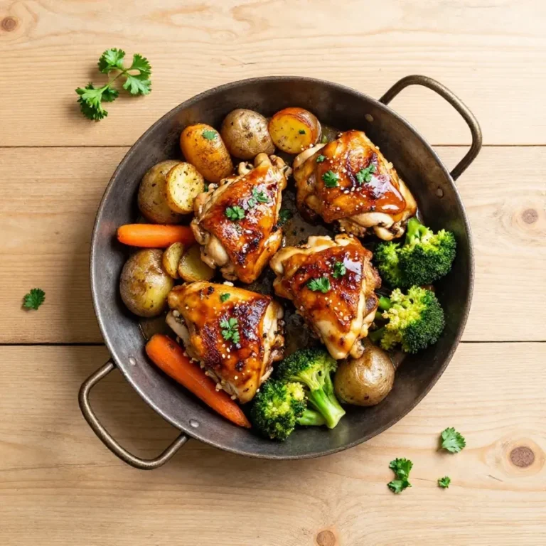 Sheet pan chicken thighs with honey garlic glaze, roasted vegetables, and herbs arranged on a baking tray.