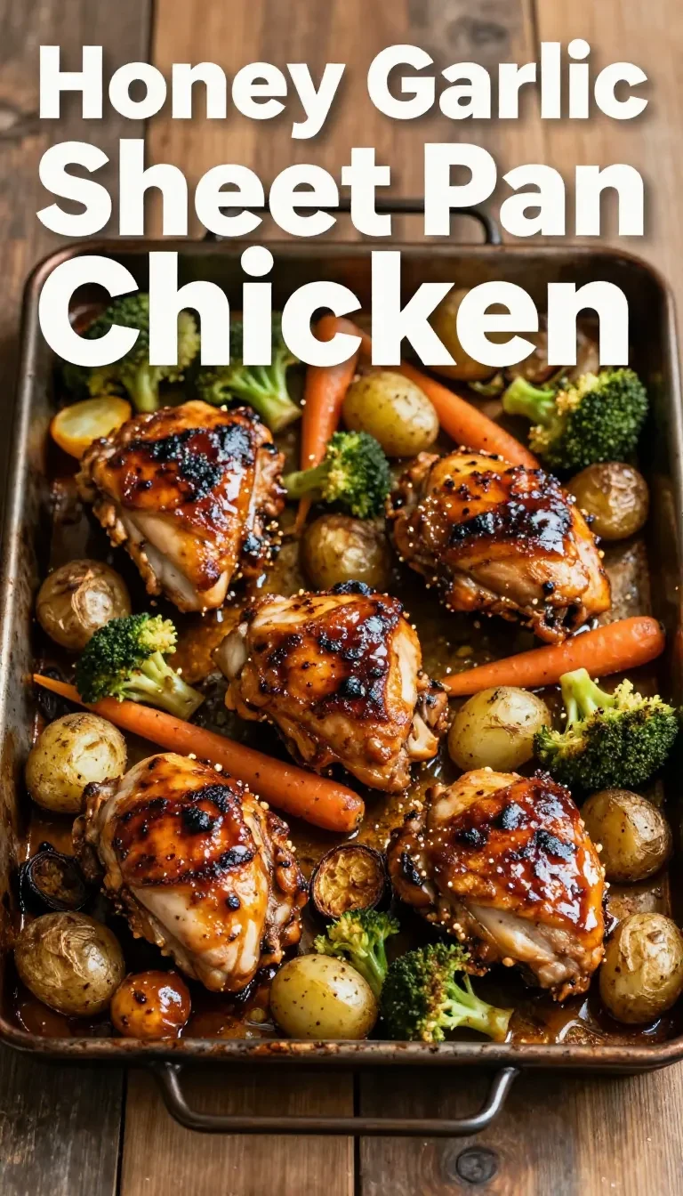 Sheet pan chicken thighs with honey garlic glaze, roasted vegetables, and herbs arranged on a baking tray.