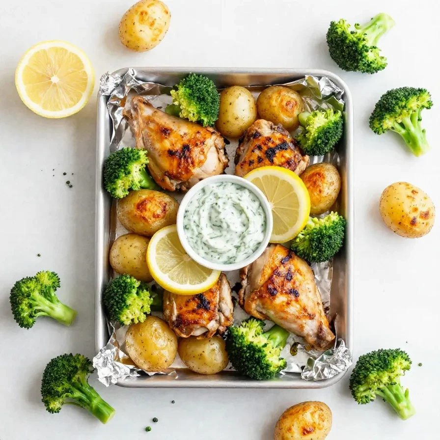 Sheet pan lemon garlic chicken with roasted potatoes and broccoli arranged on a baking tray