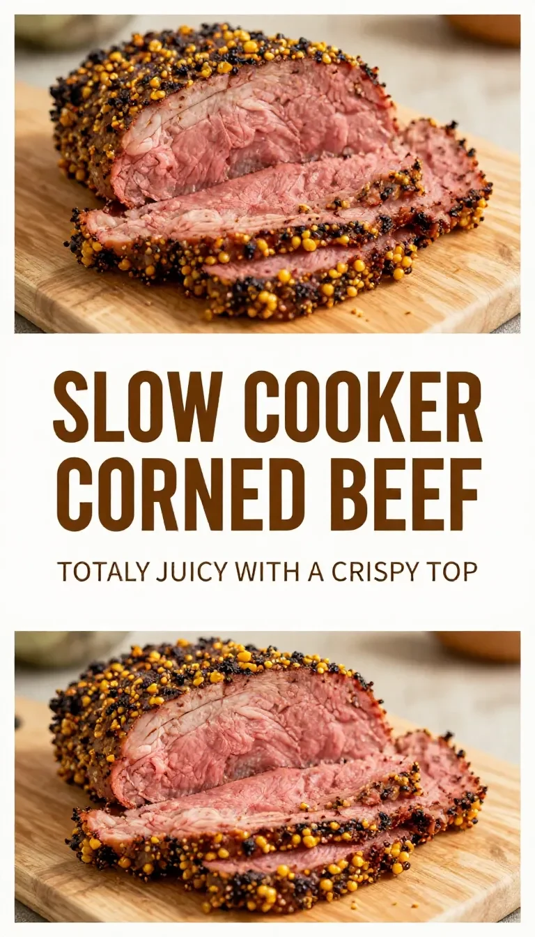 A plate of crispy slow cooker corned beef slices with golden edges, cabbage, carrots, and potatoes