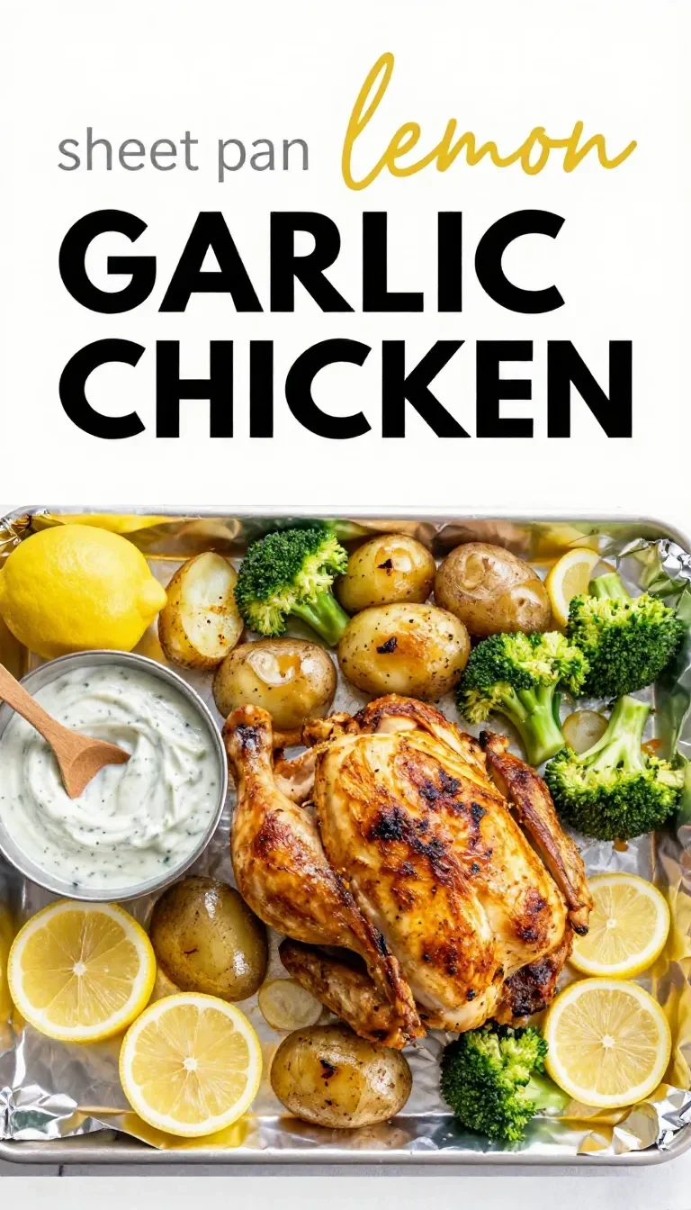 Sheet pan lemon garlic chicken with roasted potatoes and broccoli arranged on a baking tray