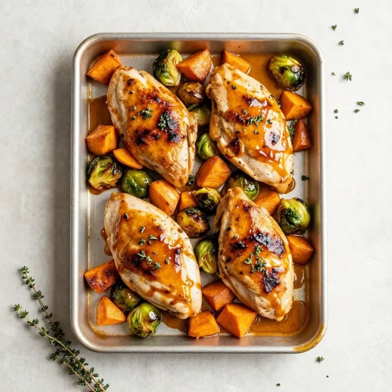 Sheet pan honey Dijon chicken roasted with colorful vegetables on a baking tray.