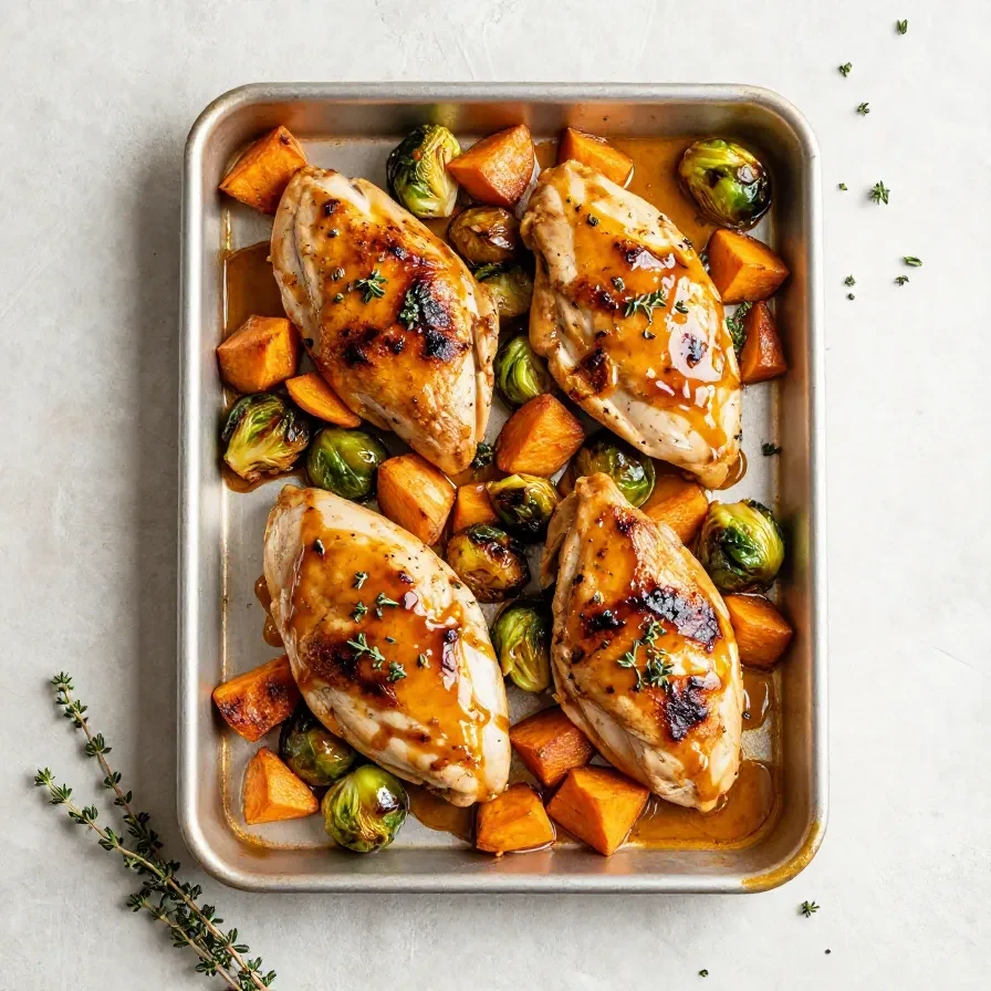 Sheet pan honey Dijon chicken roasted with colorful vegetables on a baking tray.