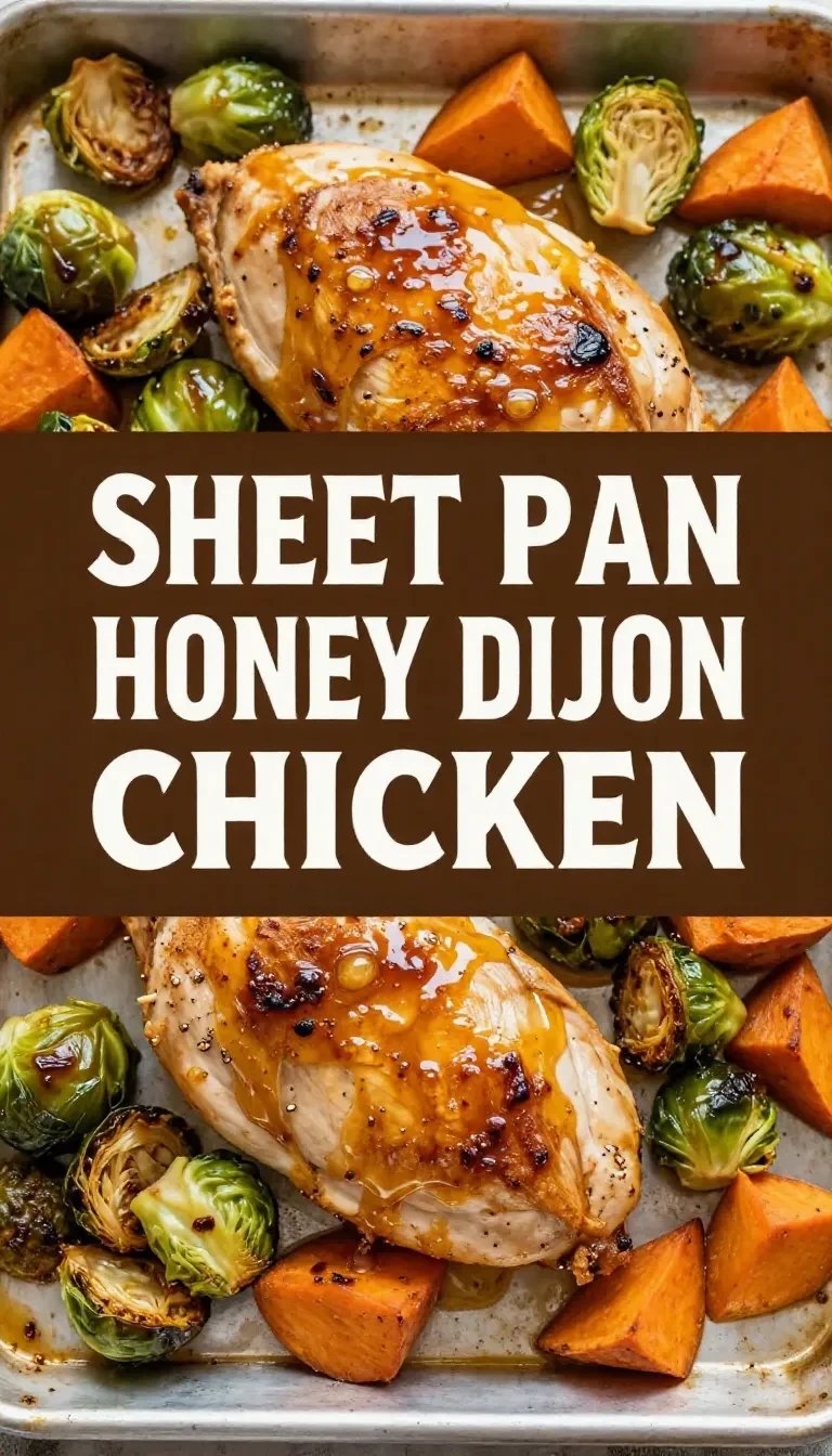 Sheet pan honey Dijon chicken roasted with colorful vegetables on a baking tray.