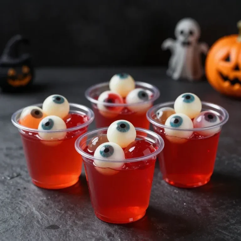 Halloween eyeball gelatin shots served in clear plastic cups with a spooky red gelatin base and candy eyeball garnish