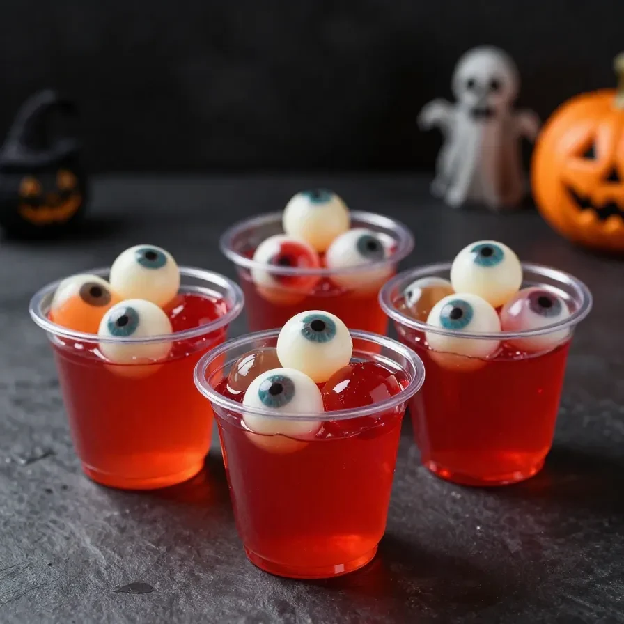 Halloween eyeball gelatin shots served in clear plastic cups with a spooky red gelatin base and candy eyeball garnish