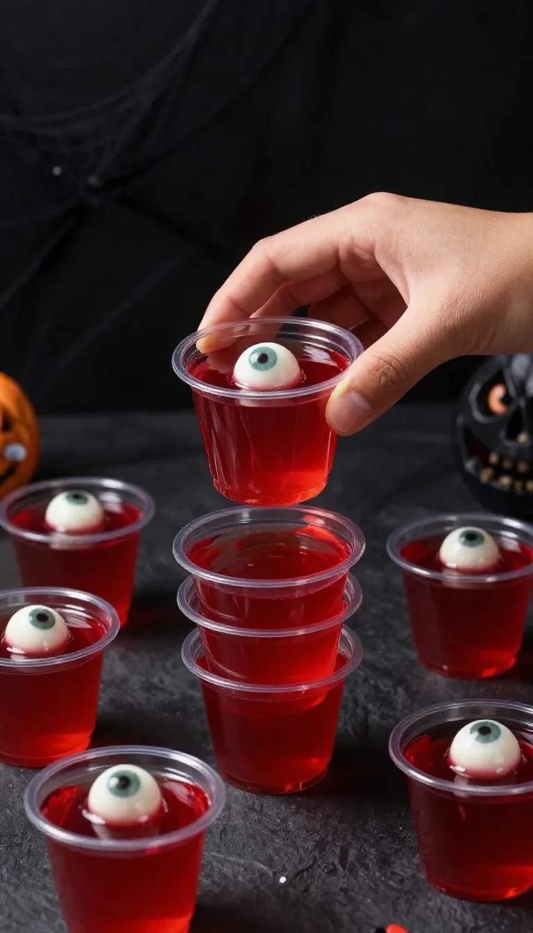 Halloween eyeball gelatin shots served in clear plastic cups with a spooky red gelatin base and candy eyeball garnish