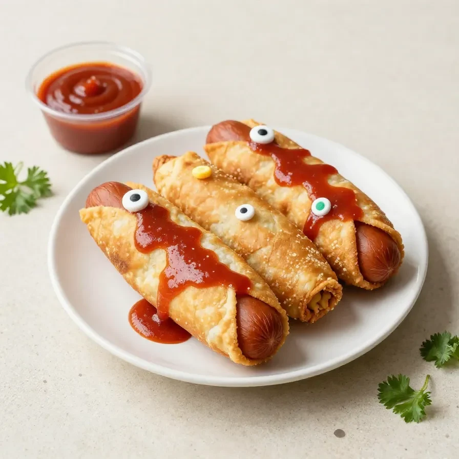 Halloween-themed sausage snacks arranged on a platter with spooky garnish for a festive party idea