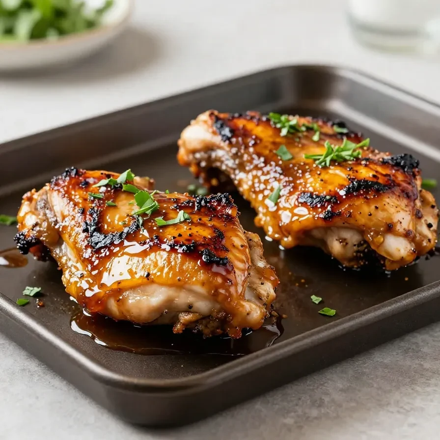 Baked honey garlic chicken thighs glazed with a shiny sauce and garnished with fresh herbs on a serving plate