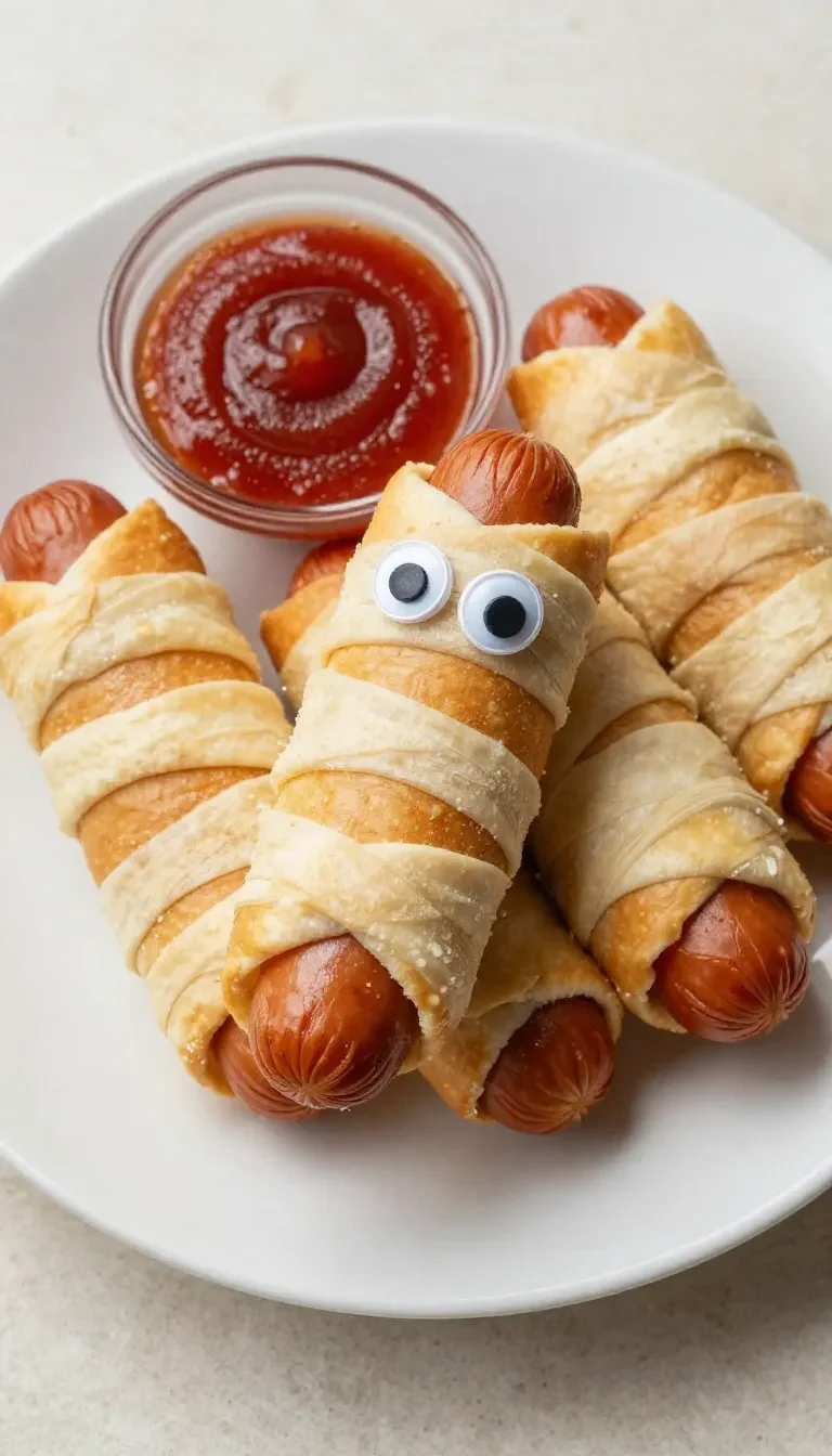 Halloween-themed sausage snacks arranged on a platter with spooky garnish for a festive party idea