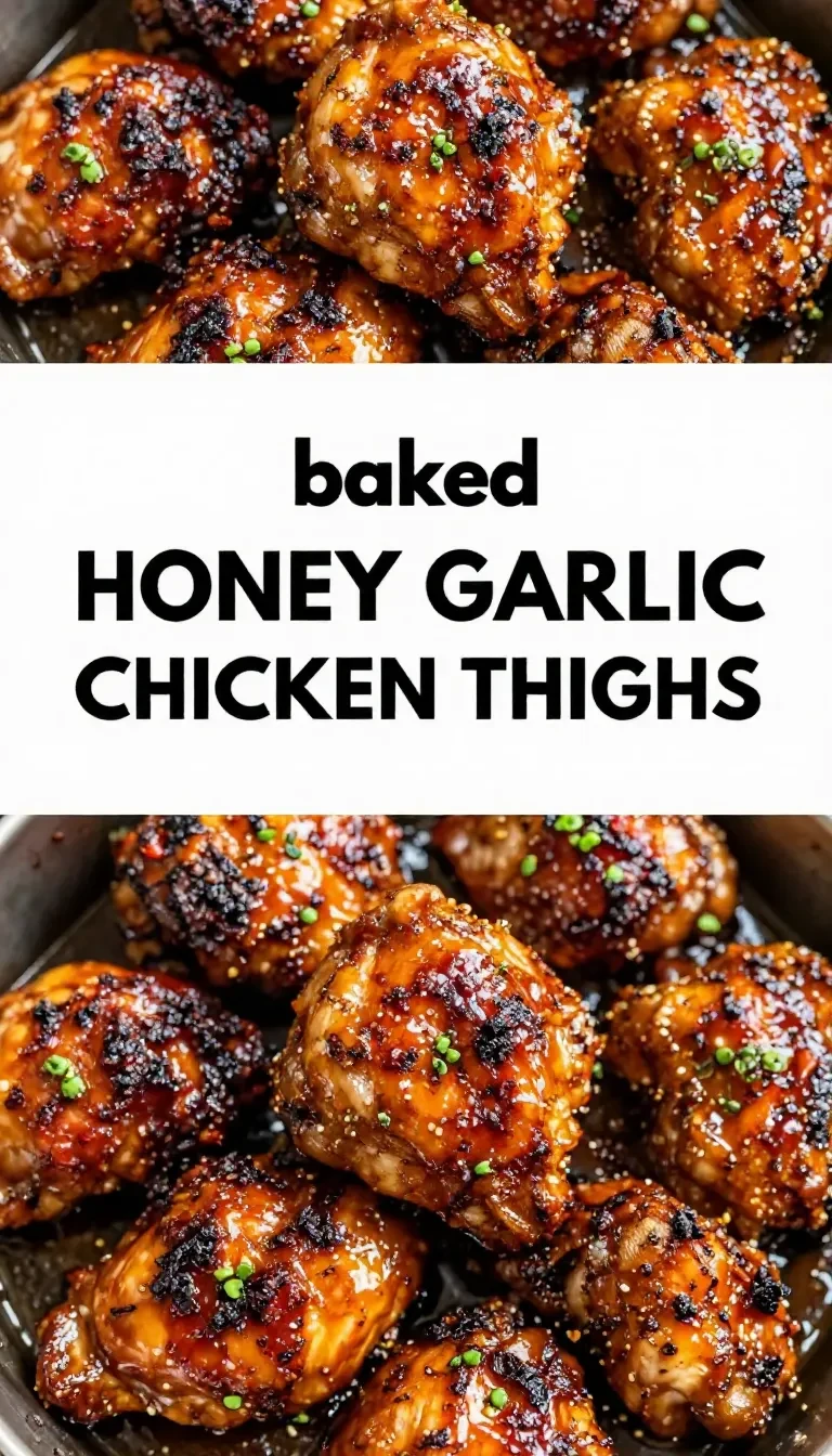 Baked honey garlic chicken thighs glazed with a shiny sauce and garnished with fresh herbs on a serving plate