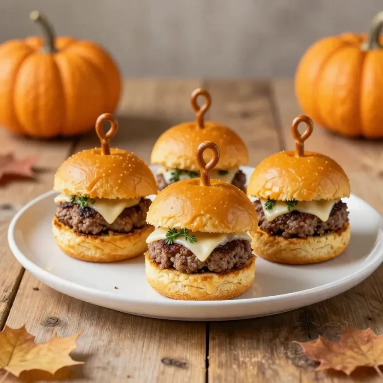 Pumpkin-shaped sliders served on a platter with small buns, lettuce, and cheese for a festive autumn appetizer