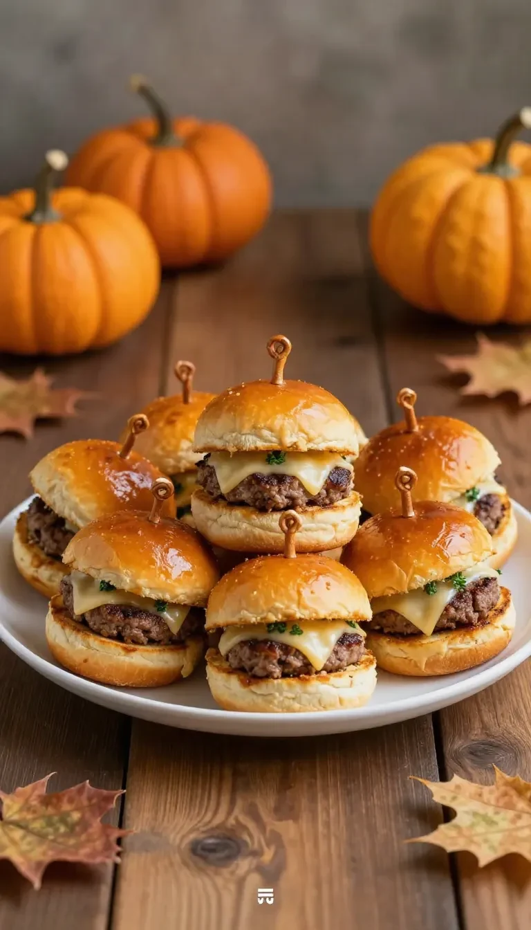 Pumpkin-shaped sliders served on a platter with small buns, lettuce, and cheese for a festive autumn appetizer