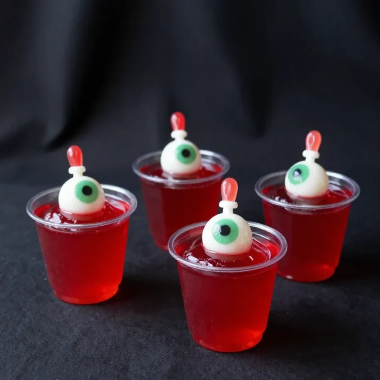 Halloween eyeball jello shots in clear plastic cups topped with gummy eyeballs and whipped cream