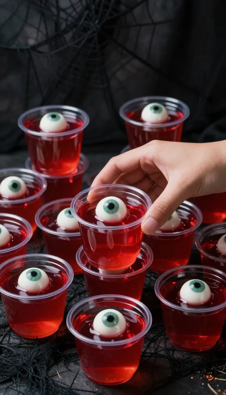 Halloween eyeball jello shots in clear plastic cups topped with gummy eyeballs and whipped cream