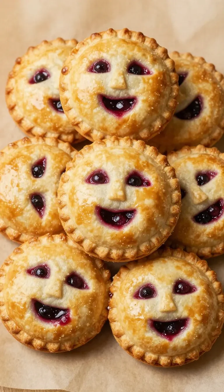 A spooky pie with a scary face design, decorated with eerie eyes, a jagged grin, and dark crust edges.